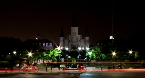New Orleans at night, traffic in Jackson Square