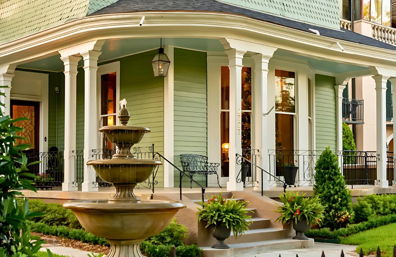 Two-tier stone fountain on green Victorian home porch with white columns