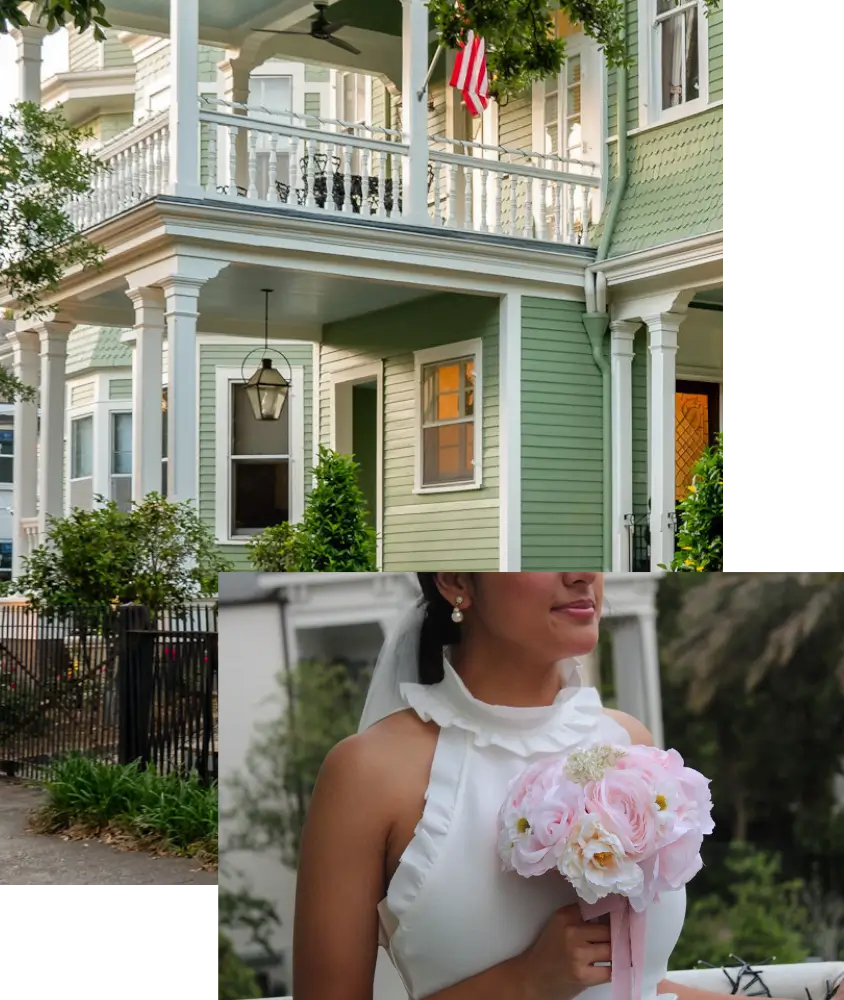 Elegant bride holding pink bouquet outside historic New Orleans home with classic architecture, perfect for intimate elopement ceremonies
